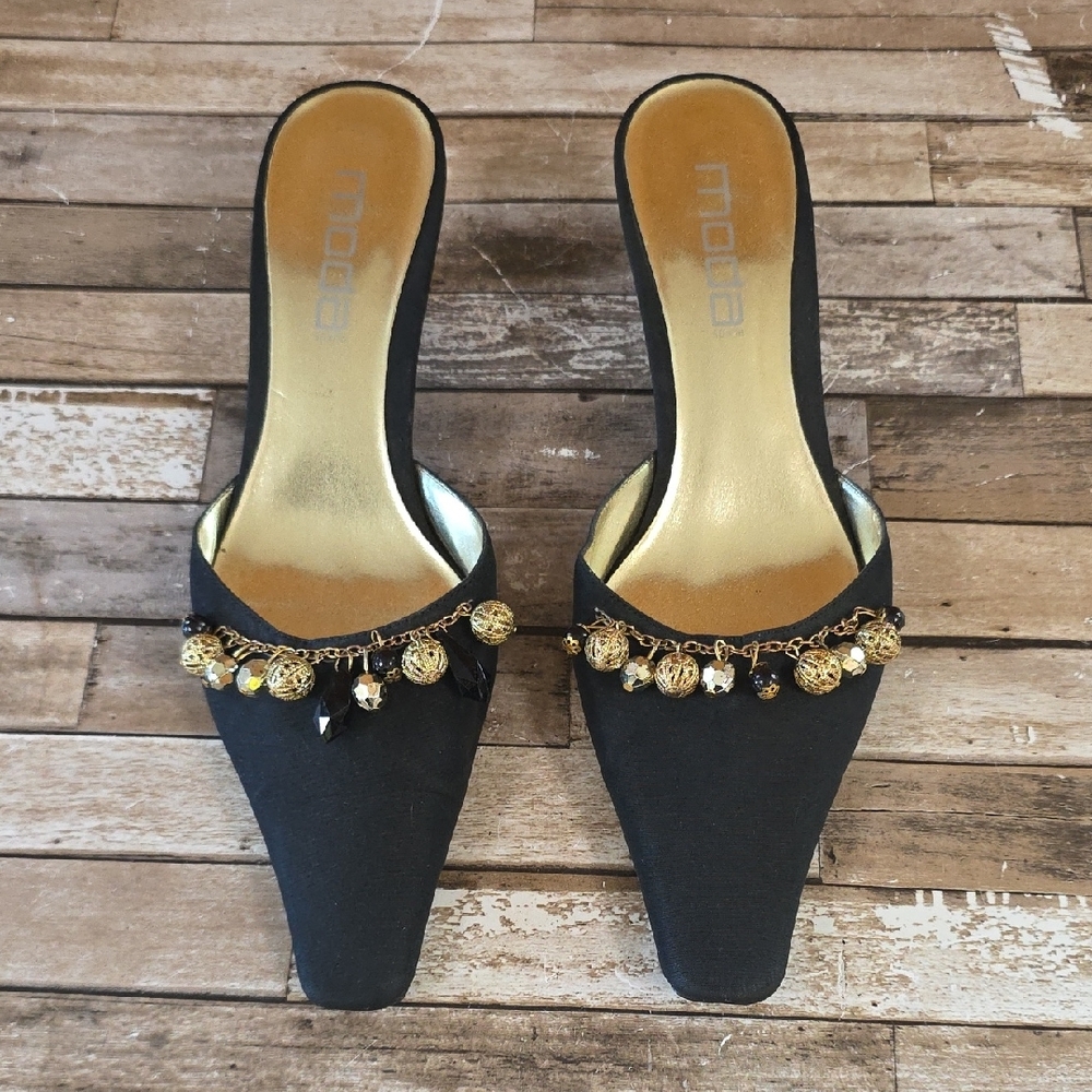 Elegant Black & Gold Heeled Mules By Moda